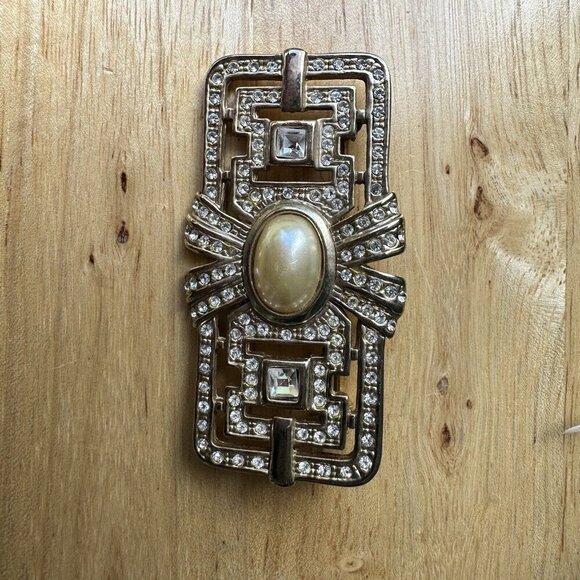 VTG Art Deco MCM Brooch 2.5" Faux Pearl Rhinestones Gold‎ PlatedOrnate Geometric - Picture 5 of 8
